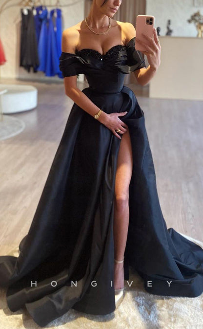 L2318 - Sexy Satin A-Line OFF-shoulder Beaded Empire Ruched With Side Slit Train Party Prom Evening Dress
