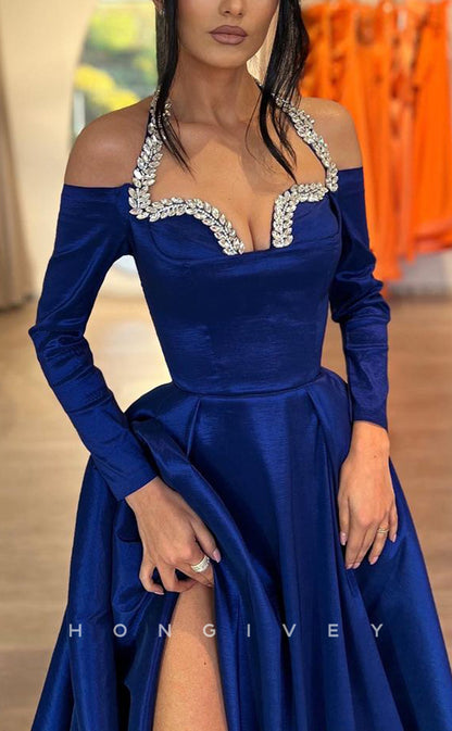 L2319 - Sexy Satin A-Line Halter Long Sleeve Empire Beaded With Side Slit Train Party Prom Evening Dress