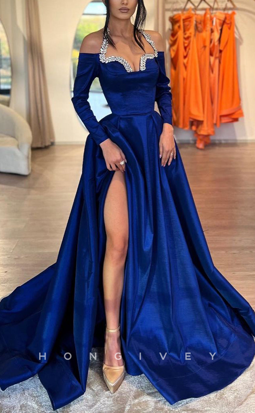 L2319 - Sexy Satin A-Line Halter Long Sleeve Empire Beaded With Side Slit Train Party Prom Evening Dress