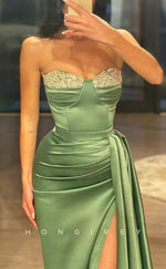 L2320 - Sexy Satin Fitted Sweetheart Strapless Empire Beaded Pleats With Side Slit Train Party Prom Evening Dress