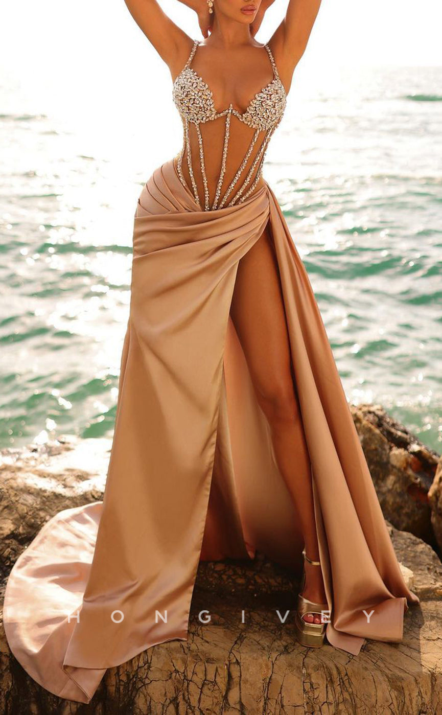 L2322 - Sexy Satin A-Line Sweetheart Halter Empire Illusion Beaded Pleats With Side Slit Train Party Prom Evening Dress