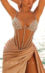 L2322 - Sexy Satin A-Line Sweetheart Halter Empire Illusion Beaded Pleats With Side Slit Train Party Prom Evening Dress