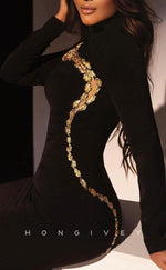 L2325 - Sexy Satin Fitted High Neck Long Sleeves Empire Beaded Party Prom Evening Dress