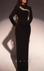 L2325 - Sexy Satin Fitted High Neck Long Sleeves Empire Beaded Party Prom Evening Dress