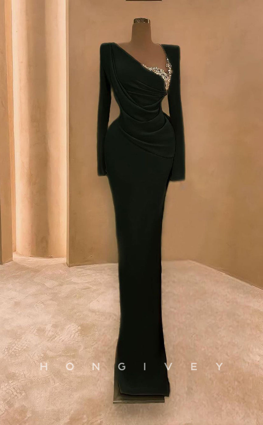 L2326 - Sexy Satin Fitted Asymmetrical Empire Long Sleeve Beaded Pleats Party Prom Evening Dress