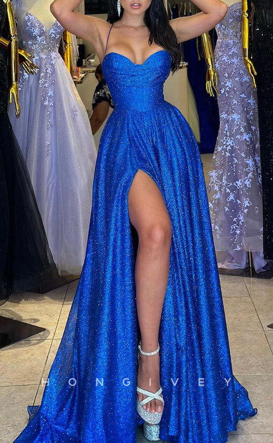 L2328 - Couture Glitter A-Line Sweetheart Spaghetti Straps Empire With Side Slit Party Prom Evening Dress