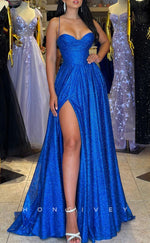 L2328 - Couture Glitter A-Line Sweetheart Spaghetti Straps Empire With Side Slit Party Prom Evening Dress