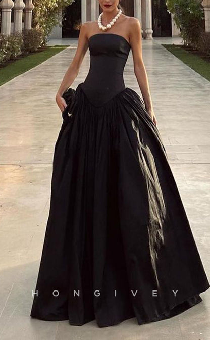 L2329 - Couture Satin A-Line CorseStrapless Sleeveless Floor-Length Black Party Prom Evening Dress