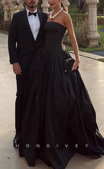 Couture Satin A-Line CorseStrapless Sleeveless Floor-Length Black Party Prom Evening Dress