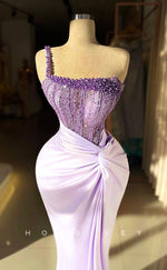 L2331 - Ornate Satin Fitted One Shoulder Empire Illusion Beaded Sequined Ruched Party Prom Evening Dress