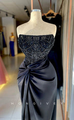 L2332 - Chic Satin Fitted Square Strapless Beaded Empire Ruched With Side Slit Party Prom Evening Dress