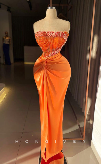 L2333 - Sexy Satin Fitted Square Strapless Empire Beaded Sequined Ruched With Side Slit Party Prom Evening Dress