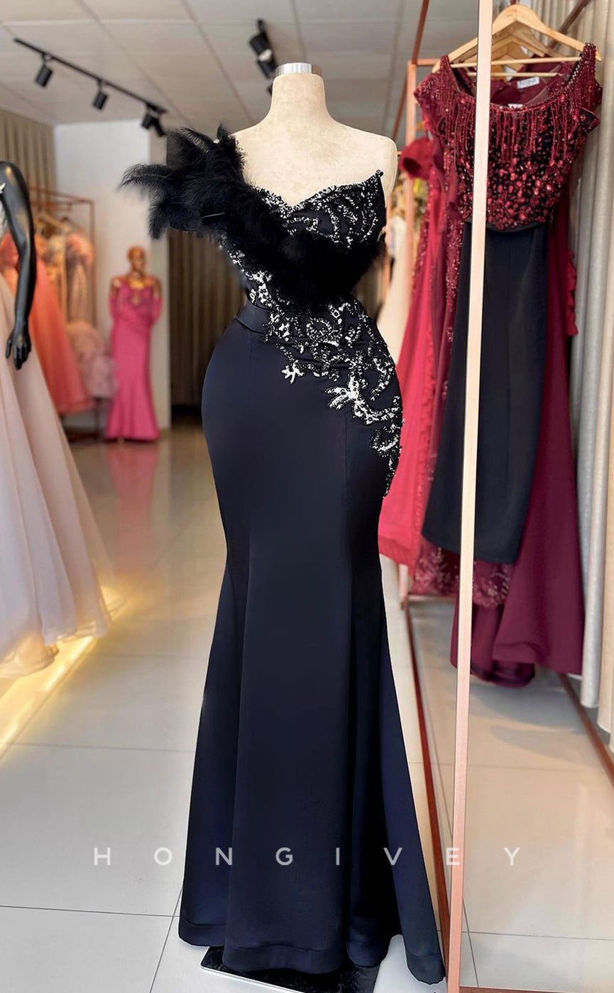 L2334 - Sexy Satin Trumpet Sweetheart Strapless Empire Beaded Appliques Feathers Party Prom Evening Dress