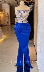 L2335 - Sexy Satin Fitted Square Strapless Empire Beaded Appliques Ruched With Side Slit Party Prom Evening Dress