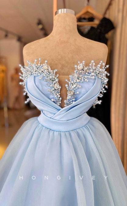 L2336 - Chic Tulle A-Line Sweetheart Strapless Empire Beaded Pearls Party Prom Evening Dress