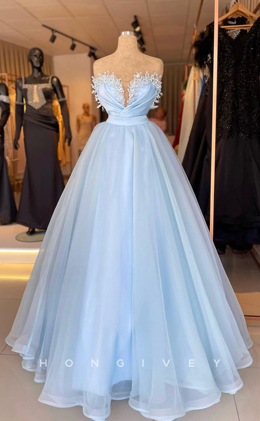 L2336 - Chic Tulle A-Line Sweetheart Strapless Empire Beaded Pearls Party Prom Evening Dress