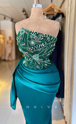 L2337 - Sexy Satin Fitted Asymmetrical Strapless Empire Beaded Appliques Ruched Party Prom Evening Dress