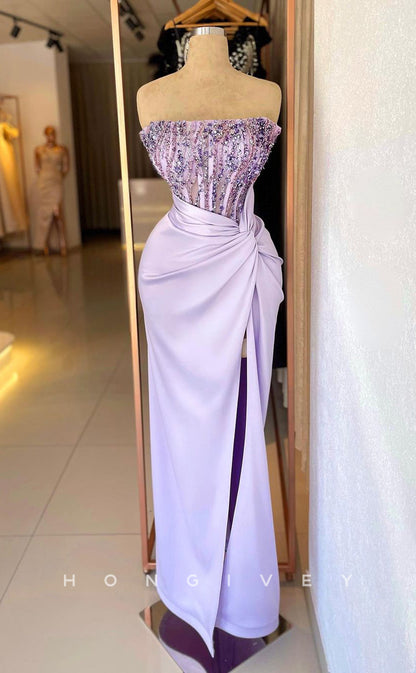 L2338 - Sexy Satin Fitted Strapless Empire Beaded Sequined Ruched With Side Slit Party Prom Evening Dress