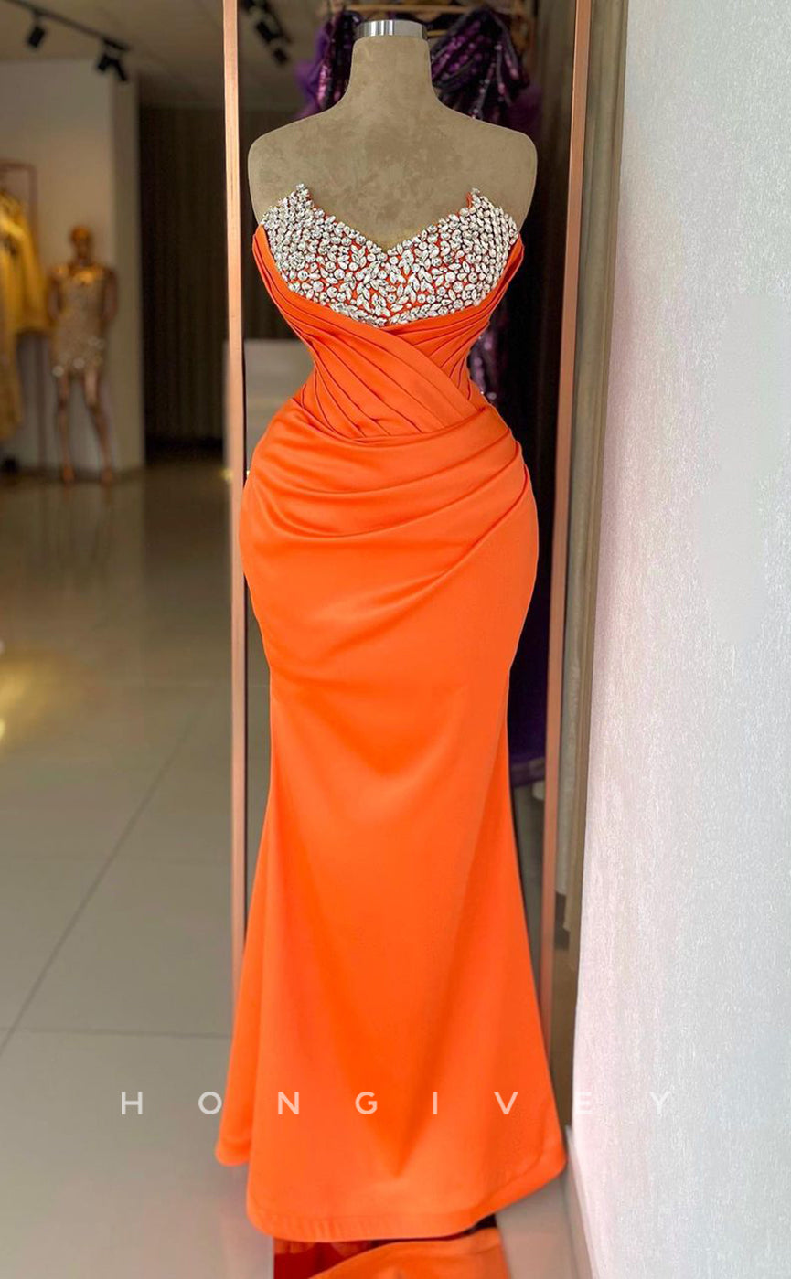 L2339 - Sexy Satin Fitted V-Neck Strapless Empire Beaded Ruched Floor-Length Party Prom Evening Dress