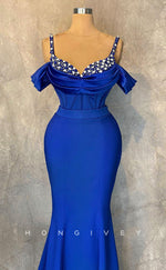 L2341 - Sexy Satin Trumpet Sweetheart Off-Shoulder Empire Beaded Floor-Length Party Prom Evening Dress