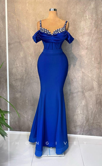 L2341 - Sexy Satin Trumpet Sweetheart Off-Shoulder Empire Beaded Floor-Length Party Prom Evening Dress