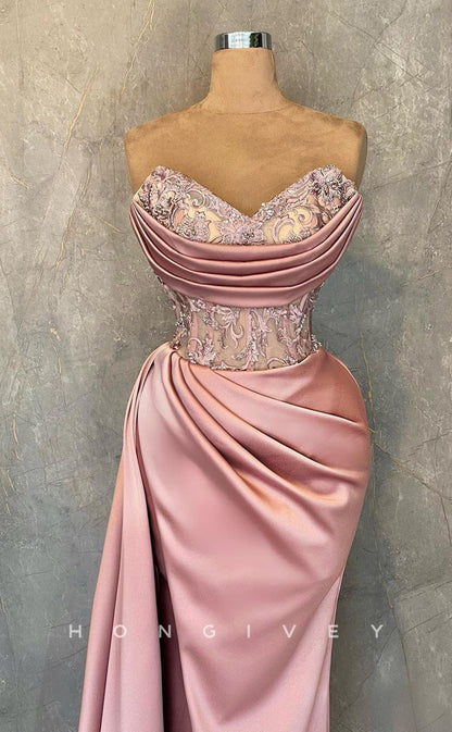 L2342 - Sexy Satin Fitted V-Neck Strapless Empire Beaded Appliques Ruched With Side Slit Party Prom Evening Dress