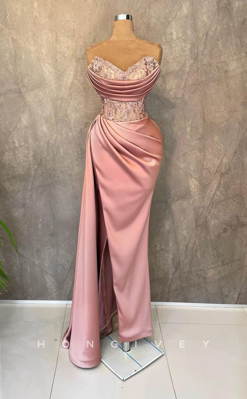L2342 - Sexy Satin Fitted V-Neck Strapless Empire Beaded Appliques Ruched With Side Slit Party Prom Evening Dress