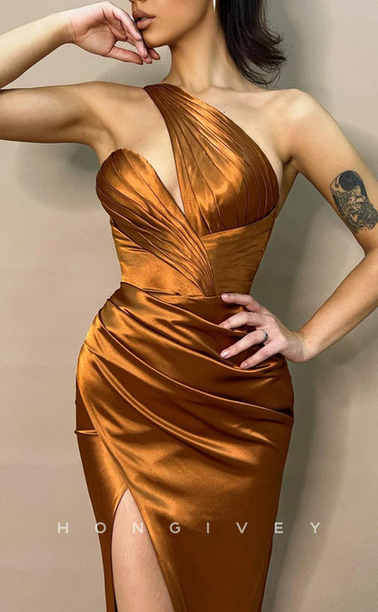 L2346 - Sexy Satin Trumpet One Shoulder Empire Draped With Side Slit Train Party Prom Evening Dress