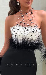 L2348 - Sexy Satin Trumpet High Neck Illusion Empire Beaded Feathers With Train Party Prom Evening Dress