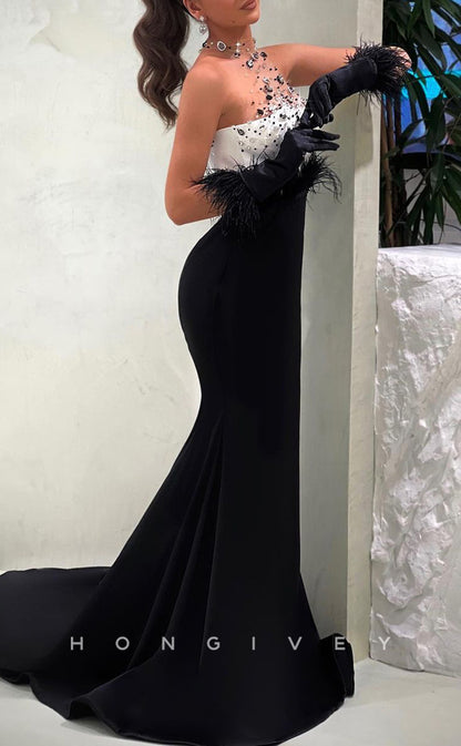 L2348 - Sexy Satin Trumpet High Neck Illusion Empire Beaded Feathers With Train Party Prom Evening Dress