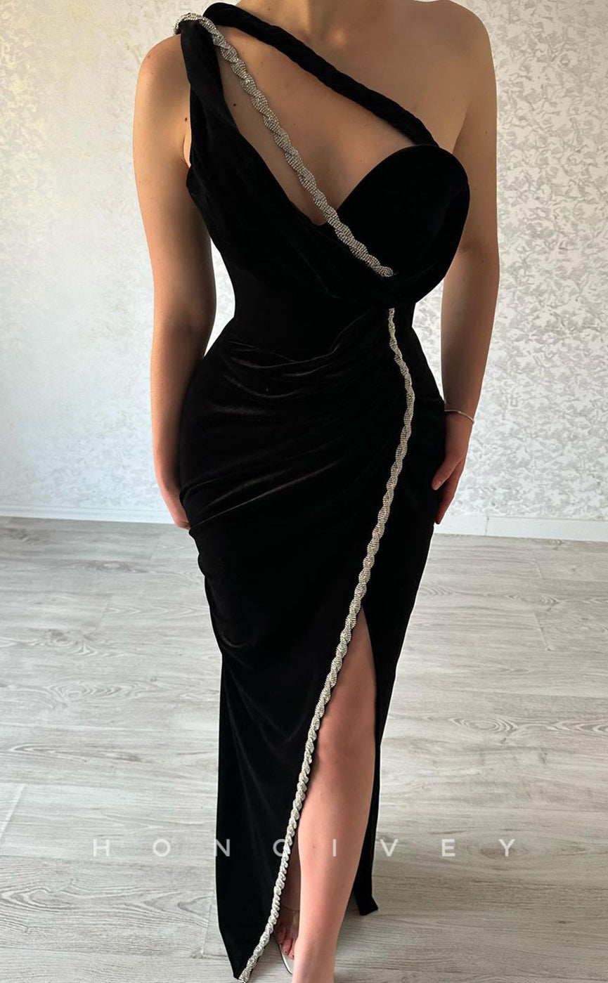 L2351 - Sexy Satin Fitted One Shoulder Empire Beaded Ruched With Side Slit Floor-Length Party Prom Evening Dress