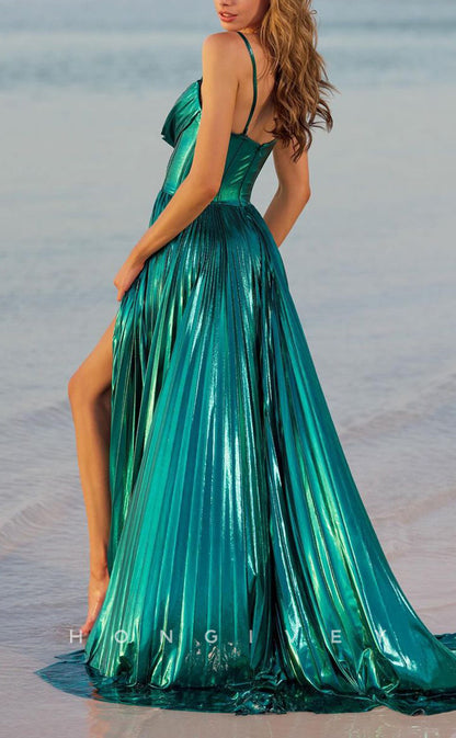 L2354 - Sexy Glitter Satin A-Line Bateau Spaghetti Straps Empire Ruched With Side Slit Party Prom Evening Dress