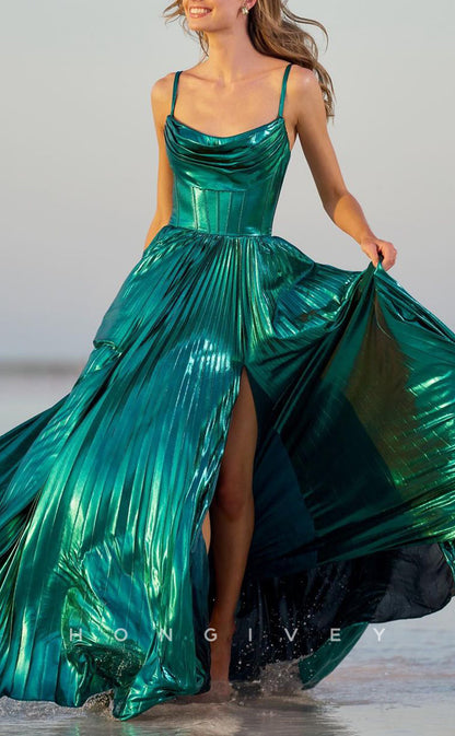L2354 - Sexy Glitter Satin A-Line Bateau Spaghetti Straps Empire Ruched With Side Slit Party Prom Evening Dress