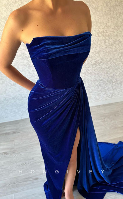 L2361 - Sexy Satin Fitted Square Strapless Empire Ruched With Side Slit Train Party Prom Evening Dress