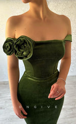 L2362 - Sexy Satin Fitted Off-Shoulder Empire Floral Embossed Ruched Party Prom Evening Dress