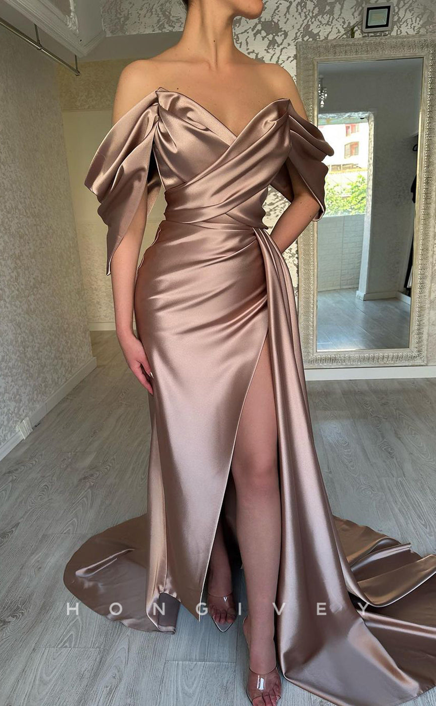 L2363 - Sexy Satin A-Line V-Neck Off-Shoulder Empire Ruched With Side Slit Train Party Prom Evening Dress