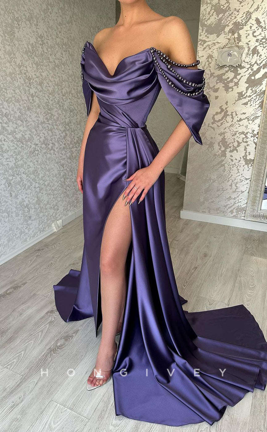 L2364 - Sexy Satin A-Line Off-Shoulder Empire Ruched Beaded  With Side Slit Train Party Prom Evening Dress