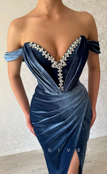 L2365 - Sexy Satin Fitted V-Neck Off-Shoulder Empire Beaded Pleats Party Prom Evening Dress