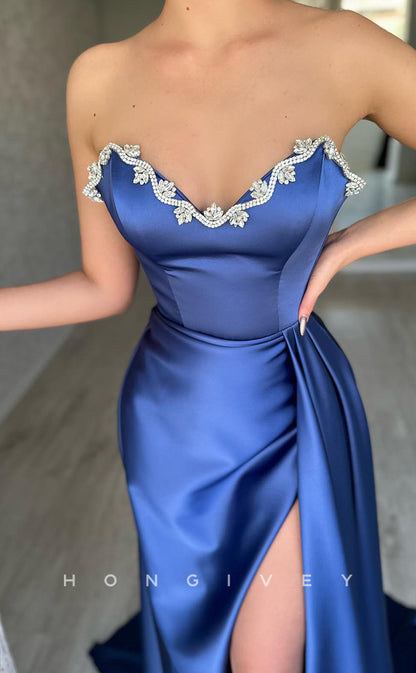 L2366 - Sexy Satin A-Line V-Neck Strapless Empire Beaded Ruched With Side Slit Train Party Prom Evening Dress