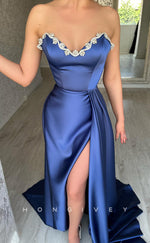 L2366 - Sexy Satin A-Line V-Neck Strapless Empire Beaded Ruched With Side Slit Train Party Prom Evening Dress