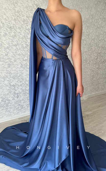 L2367 - Sexy Satin A-Line One Shoulder Illusion Empire Ruched With Train Party Prom Evening Dress