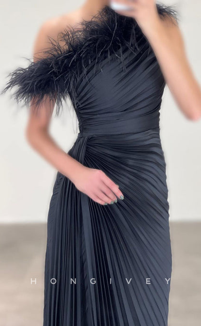 L2369 - Sexy Satin Fitted One Shoulder Feathers Empire Ruched With Train Party Prom Evening Dress
