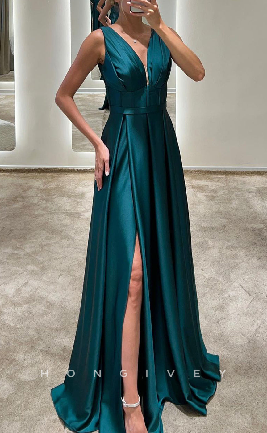 L2370 - Sexy Satin A-Line V-Neck Straps Empire Ruched With Side Slit Train Party Prom Evening Dress