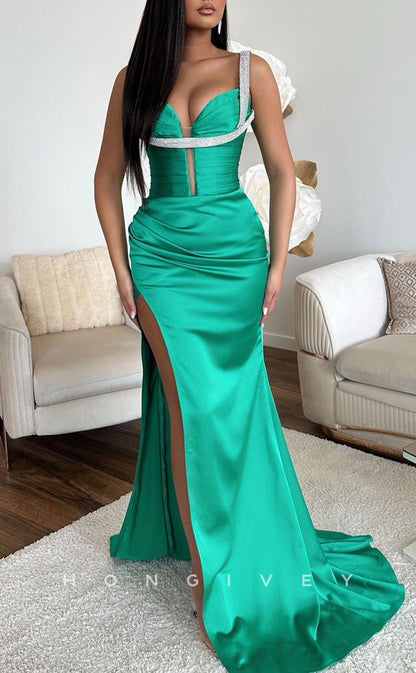 L2373 - Sexy Satin Trumpet Sweetheart Straps Empire Beaded Ruched With Side Slit Train Party Prom Evening Dress