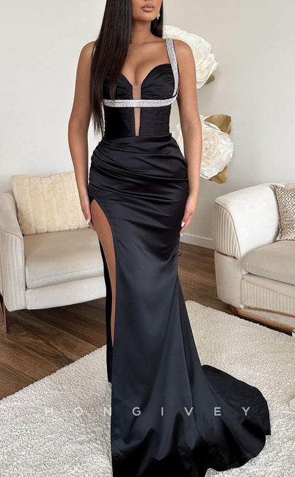 L2373 - Sexy Satin Trumpet Sweetheart Straps Empire Beaded Ruched With Side Slit Train Party Prom Evening Dress