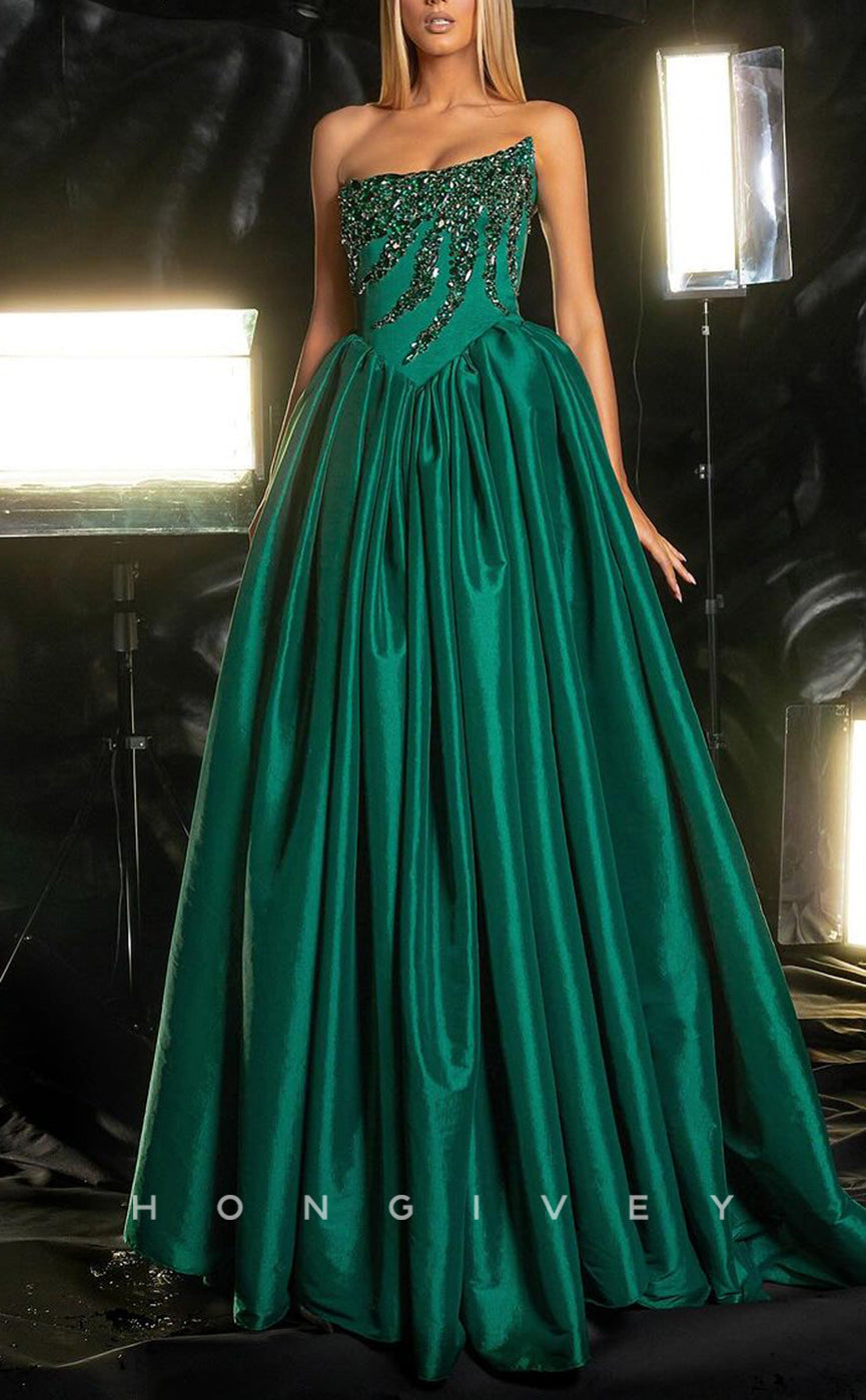 L2375 - Sexy Satin A-Line Asymmetrical Strapless Empire Beaded Floor-Length Party Prom Evening Dress