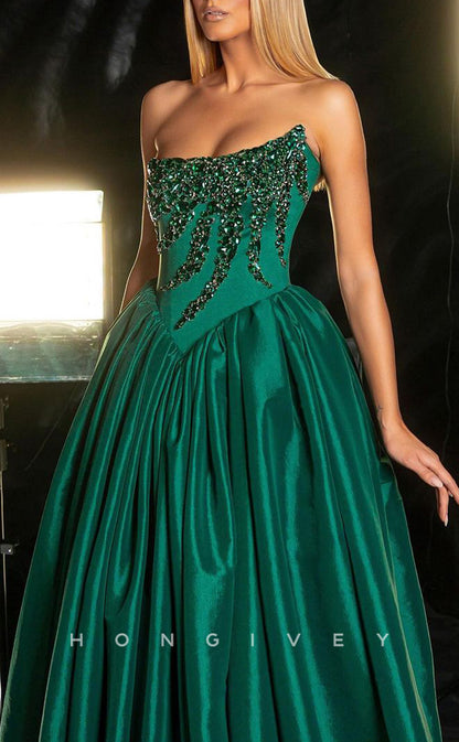 L2375 - Sexy Satin A-Line Asymmetrical Strapless Empire Beaded Floor-Length Party Prom Evening Dress