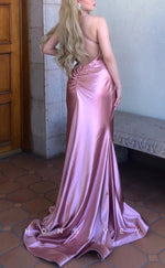 L2377 - Sexy Satin Trumpet V-Neck Spaghetti Straps Empire Ruched With Train Party Prom Evening Dress