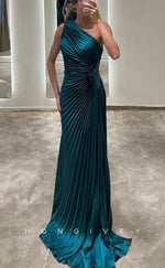 L2378 - Sexy Satin Firred One Shoulder Sleeveless Empire Ruched Beaded Party Prom Evening Dress