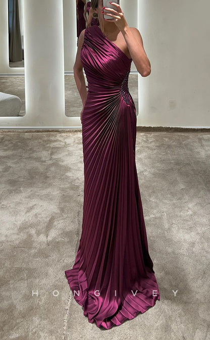 L2378 - Sexy Satin Firred One Shoulder Sleeveless Empire Ruched Beaded Party Prom Evening Dress